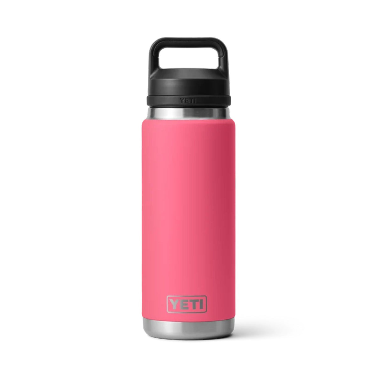 Pink YETI water bottle with black lid on a white background