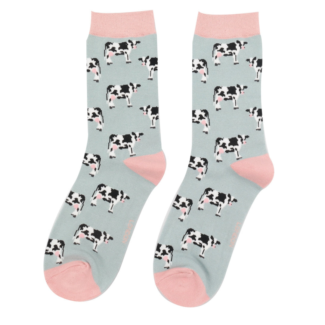 Miss Sparrow Cows Duck Egg Socks