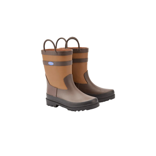 A pair of mid-calf rubber rain boots in brown and tan with dark gray accents and pull handles, shown on a light gray background.