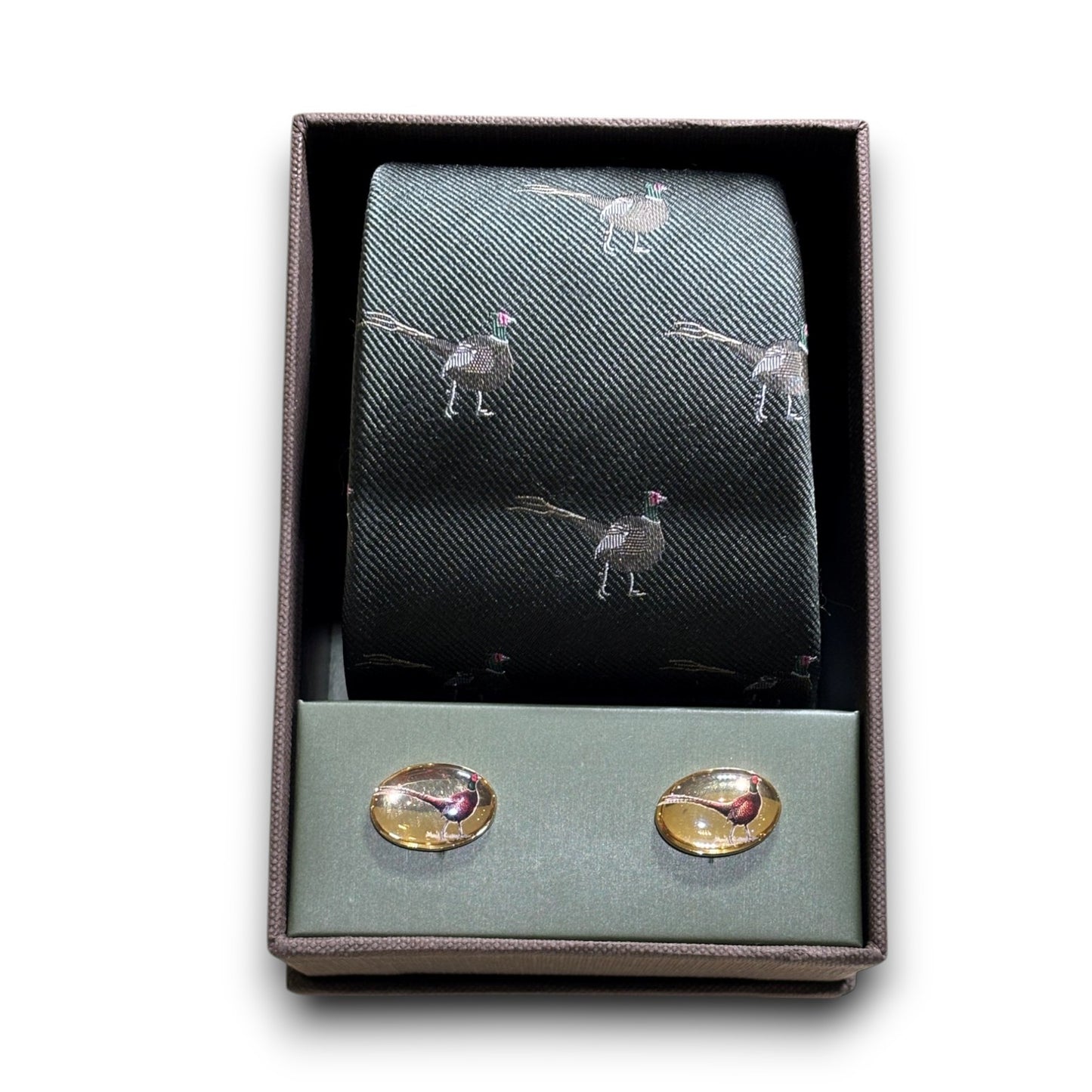 Soprano Standing Pheasant On Green Ground Tie Cufflink Set