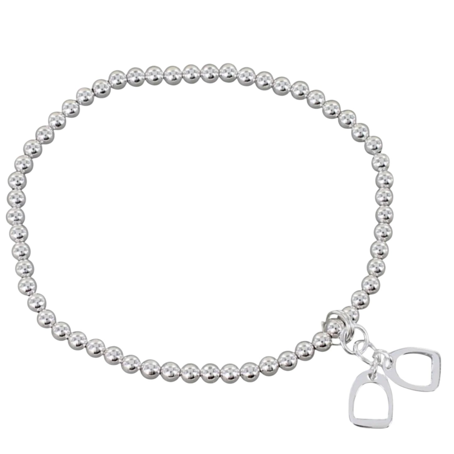 Silver beaded bracelet with a horse bit charm on a white background