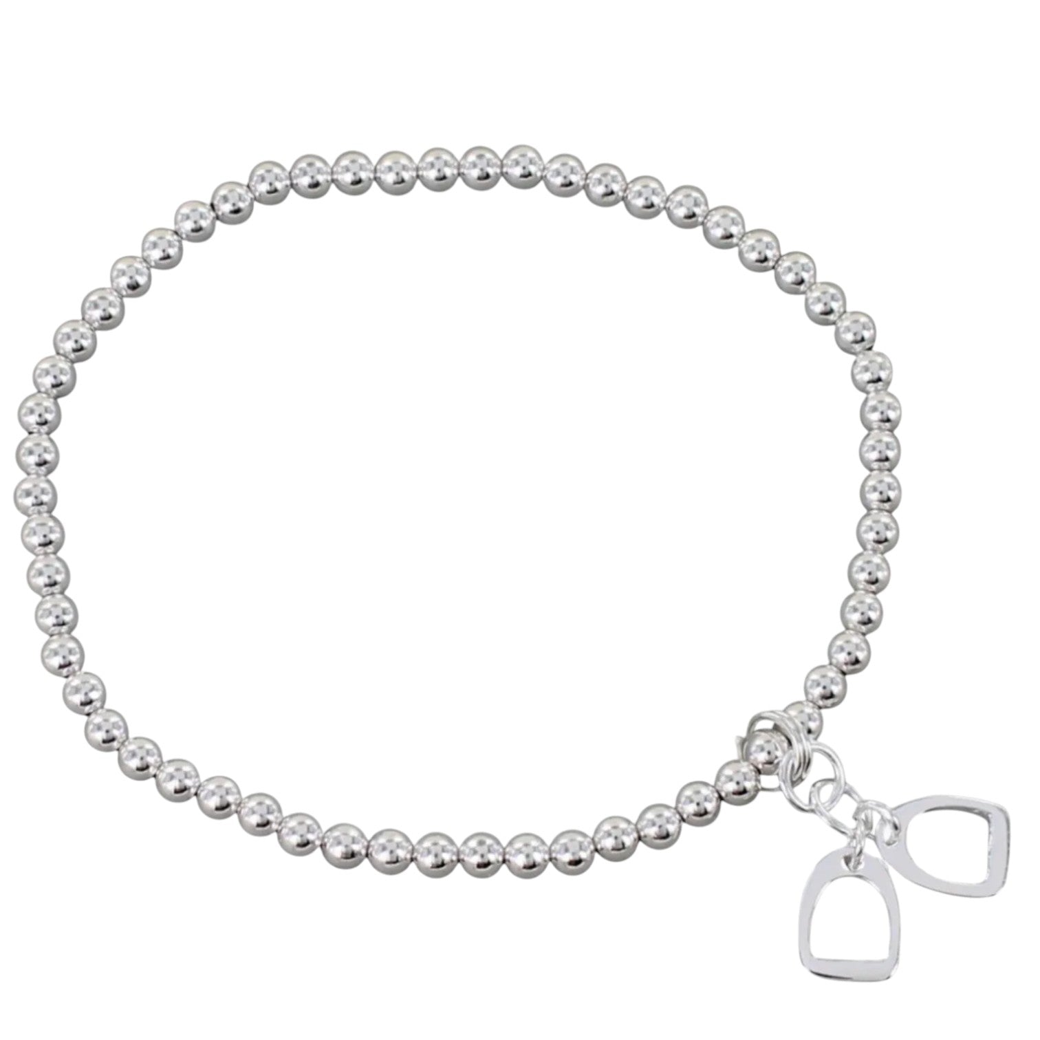 Silver beaded bracelet with a horse bit charm on a white background