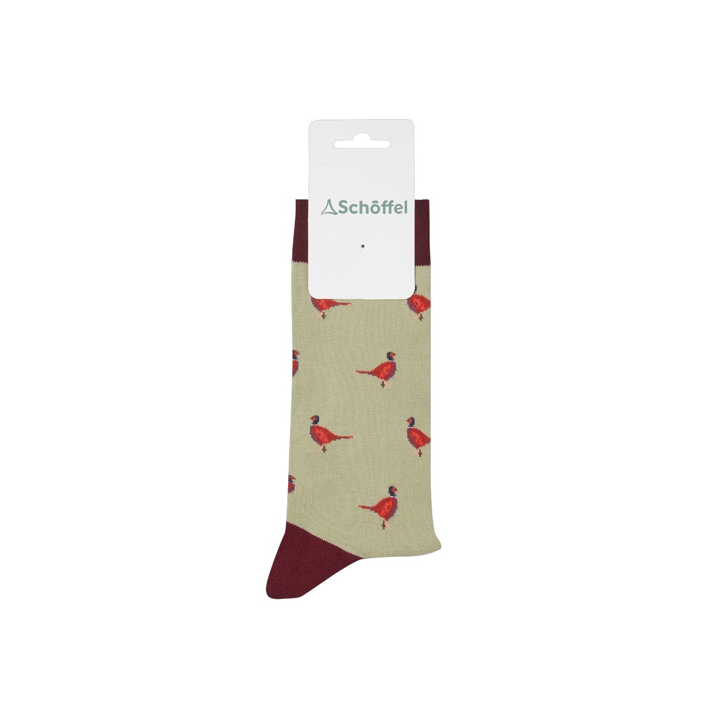 Sock with red bird pattern on beige background, brand 'Schoffel' visible