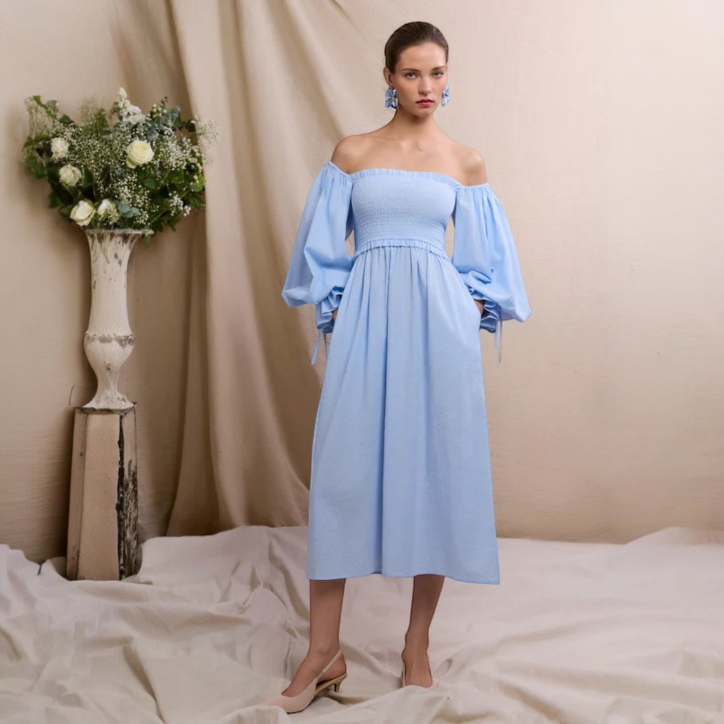 Holland Cooper Smock Dress Pale Blue Chambray