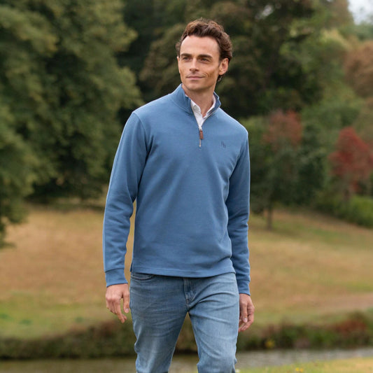 Beaumont & Bear Dittisham Ribbed Unisex Quarter Zip Vintage Blue