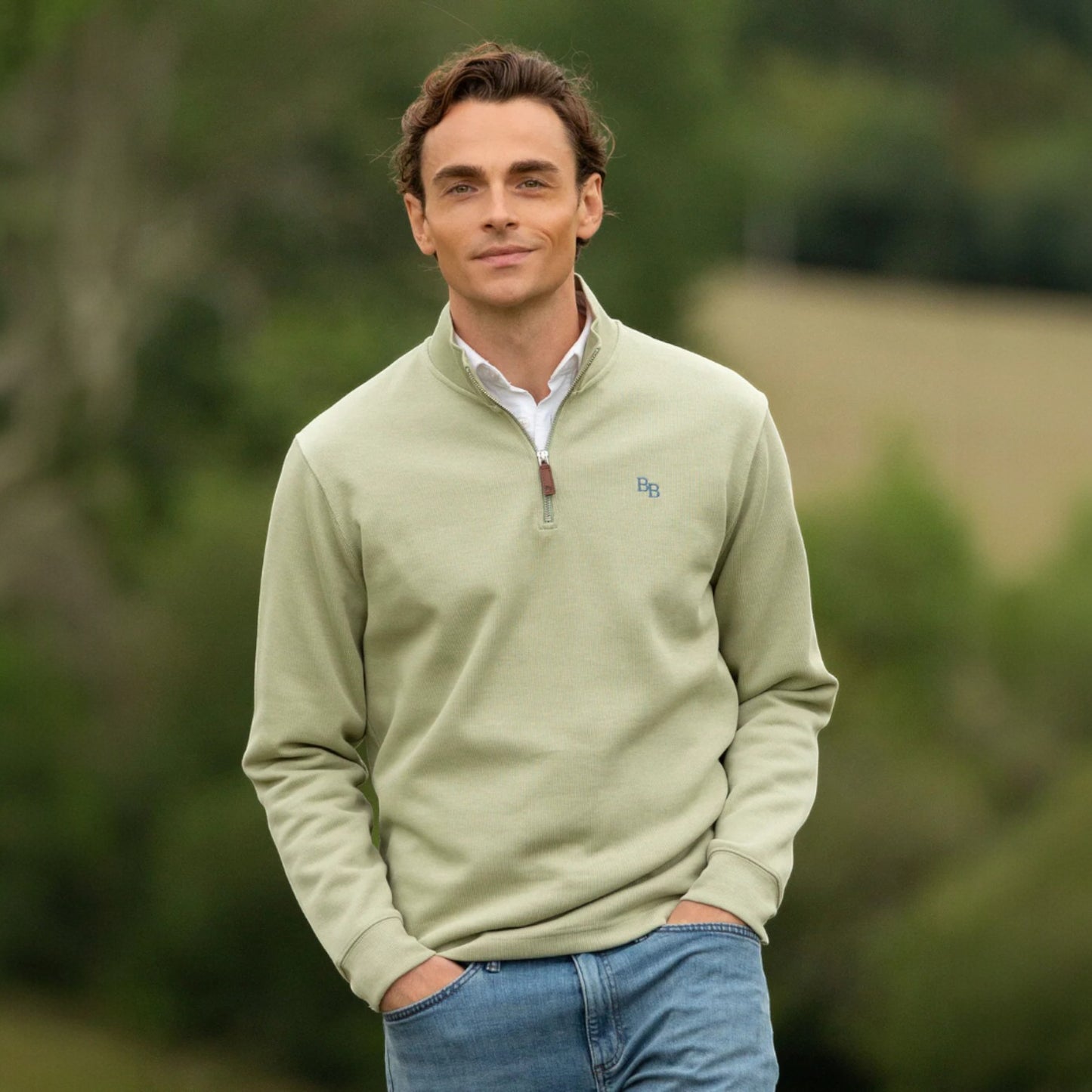 Beaumont & Bear Dittisham Ribbed Unisex Quarter Zip Moss Green