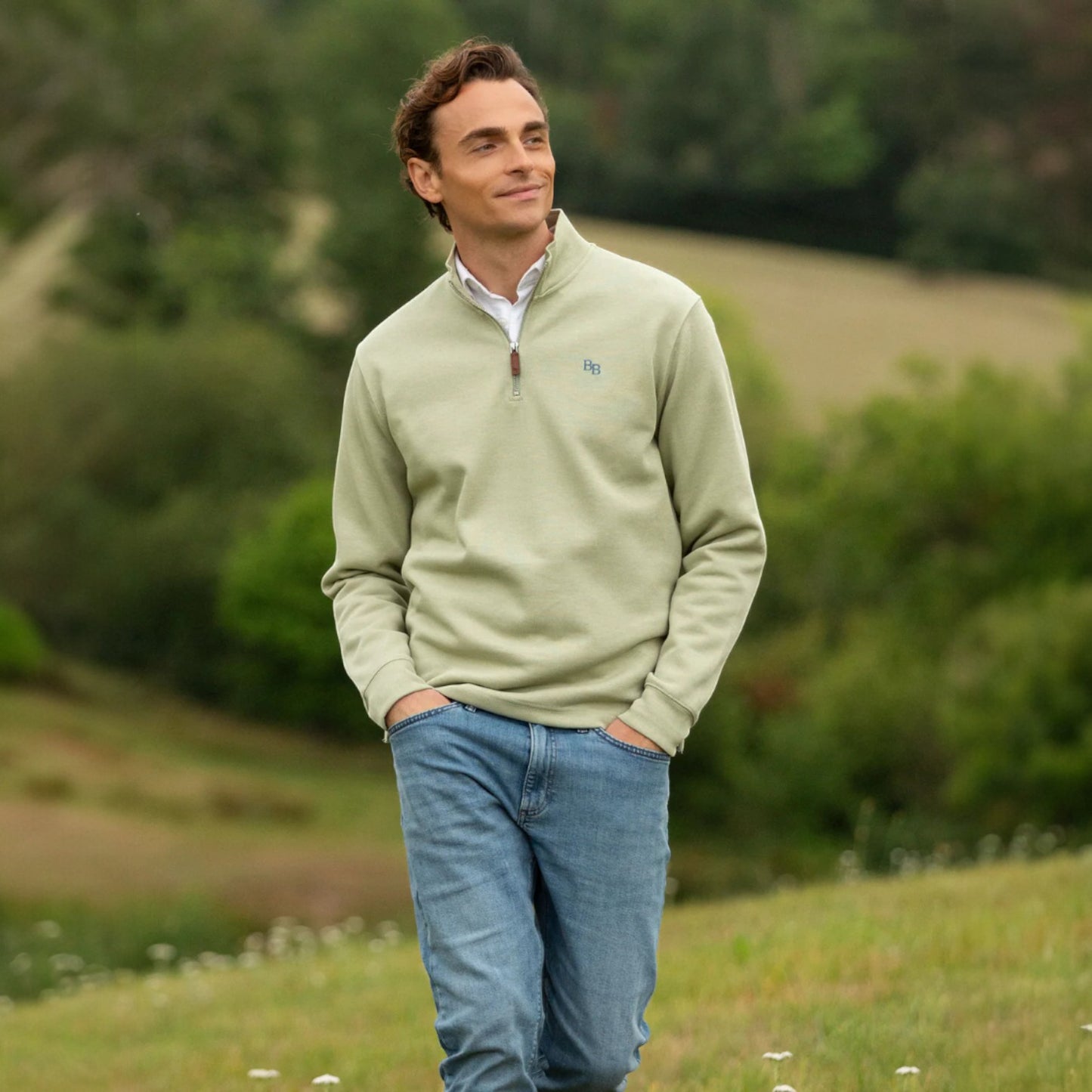 Beaumont & Bear Dittisham Ribbed Unisex Quarter Zip Moss Green