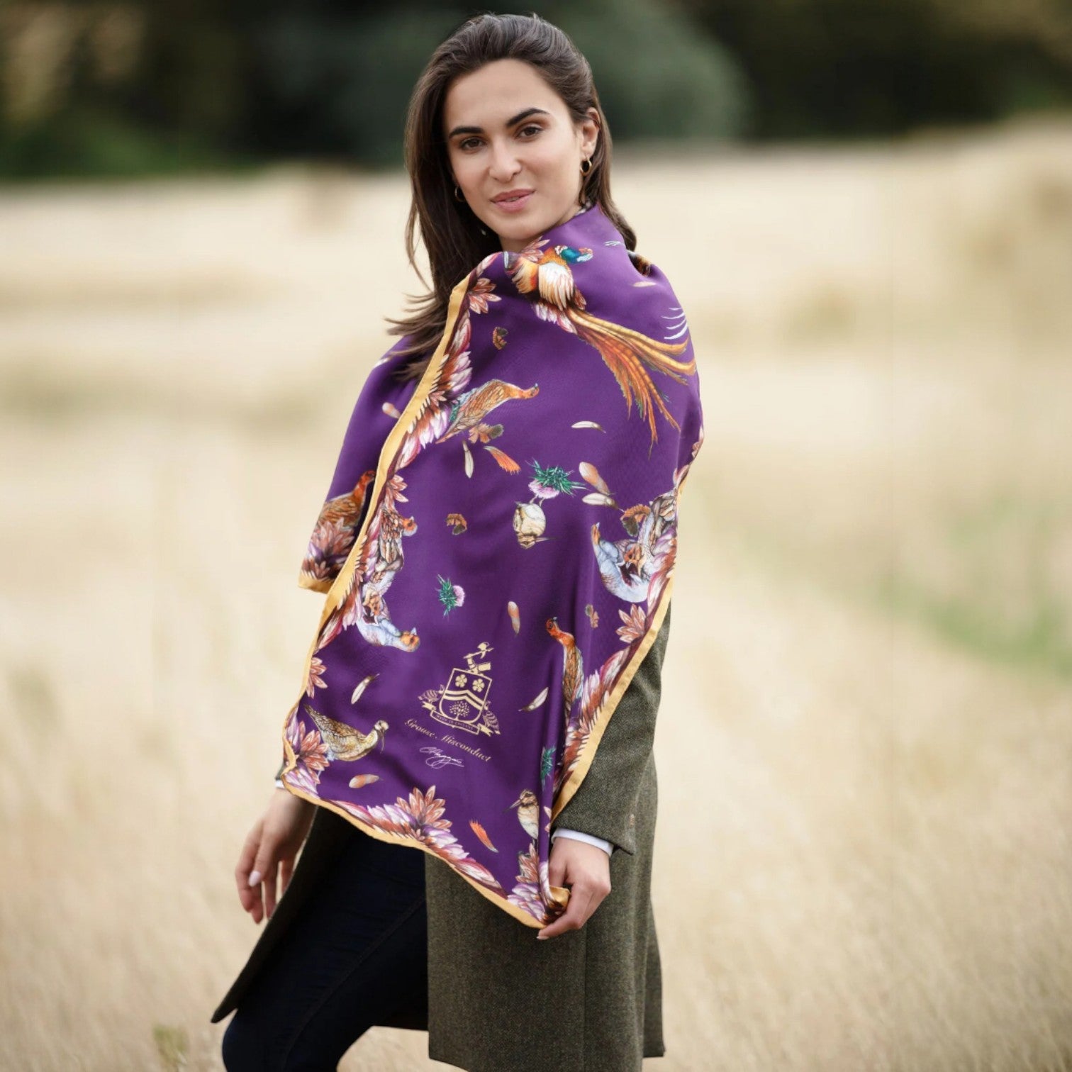 Clare Haggas Grouse Misconduct Aubergine & Gold Classic Silk Scarf