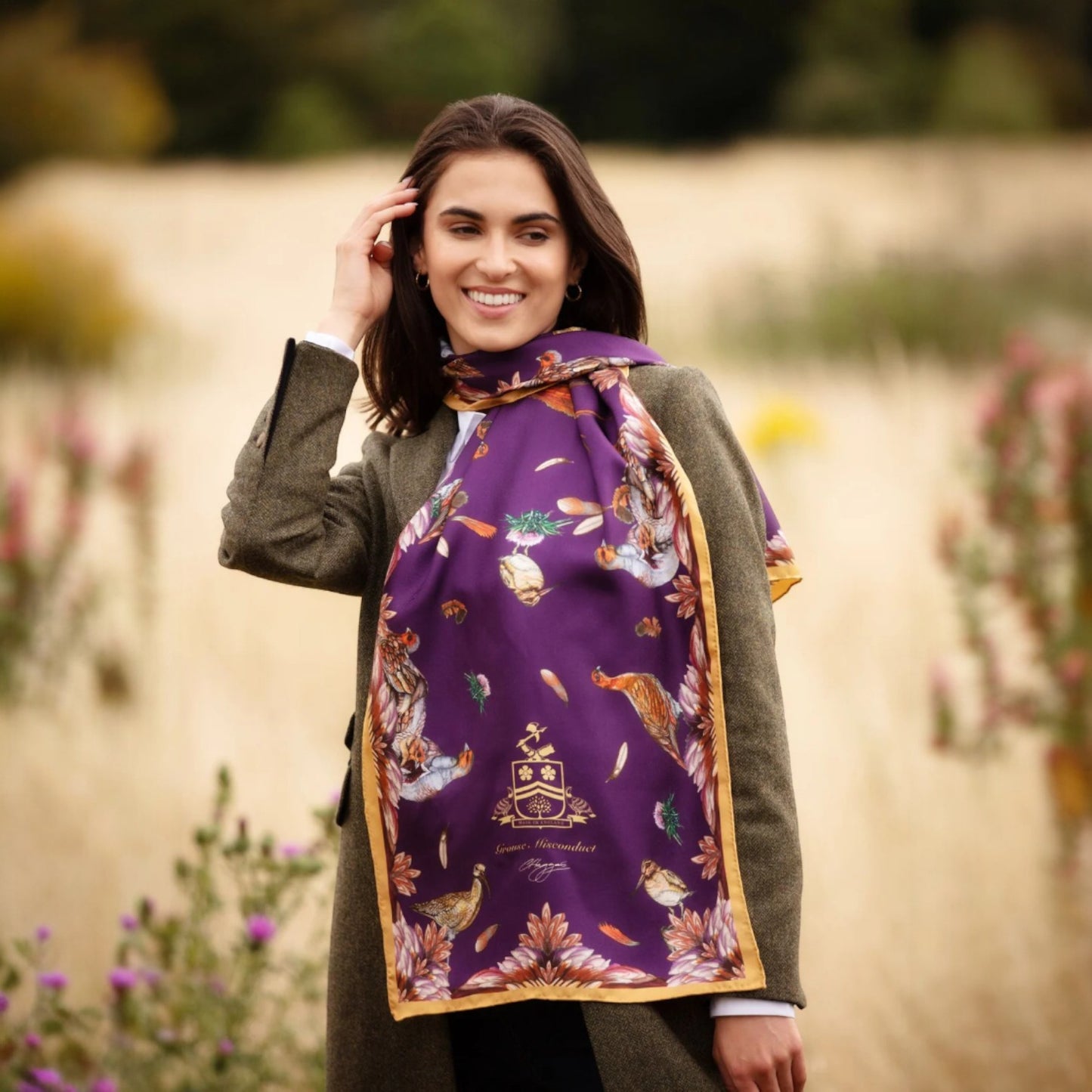 Clare Haggas Grouse Misconduct Aubergine & Gold Classic Silk Scarf