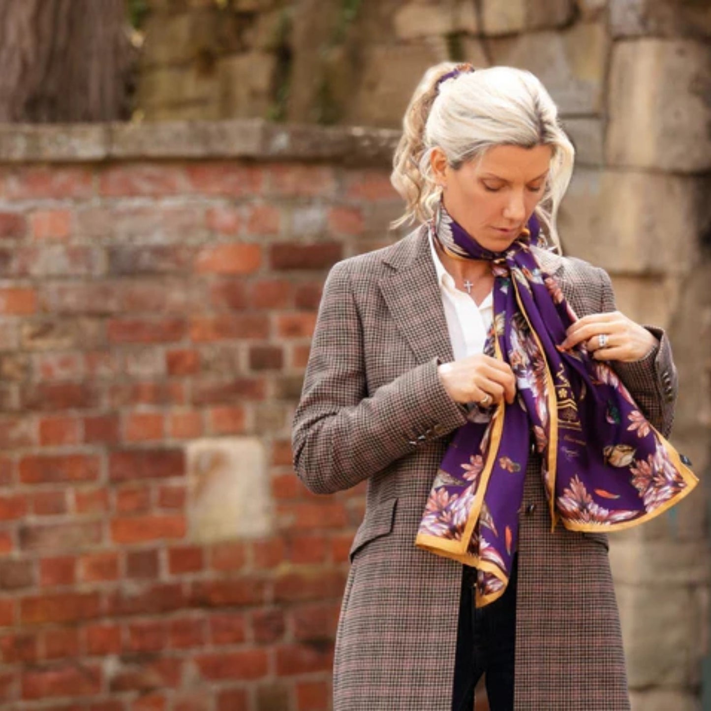 Clare Haggas Grouse Misconduct Aubergine & Gold Classic Silk Scarf