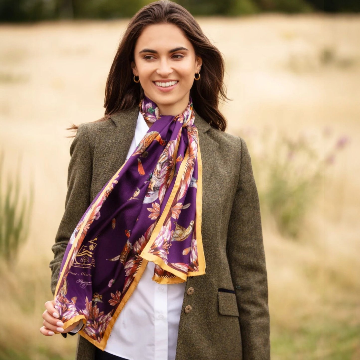 Clare Haggas Grouse Misconduct Aubergine & Gold Classic Silk Scarf