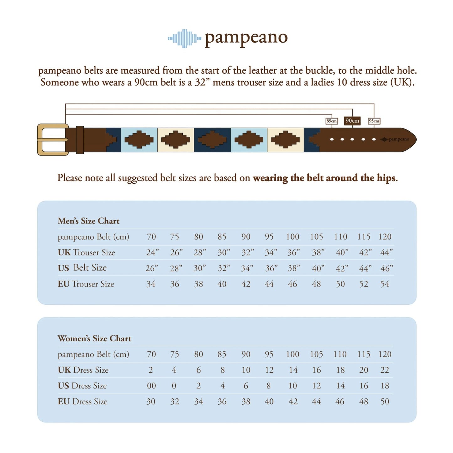Pampeano belt size chart with measurements and conversion details.