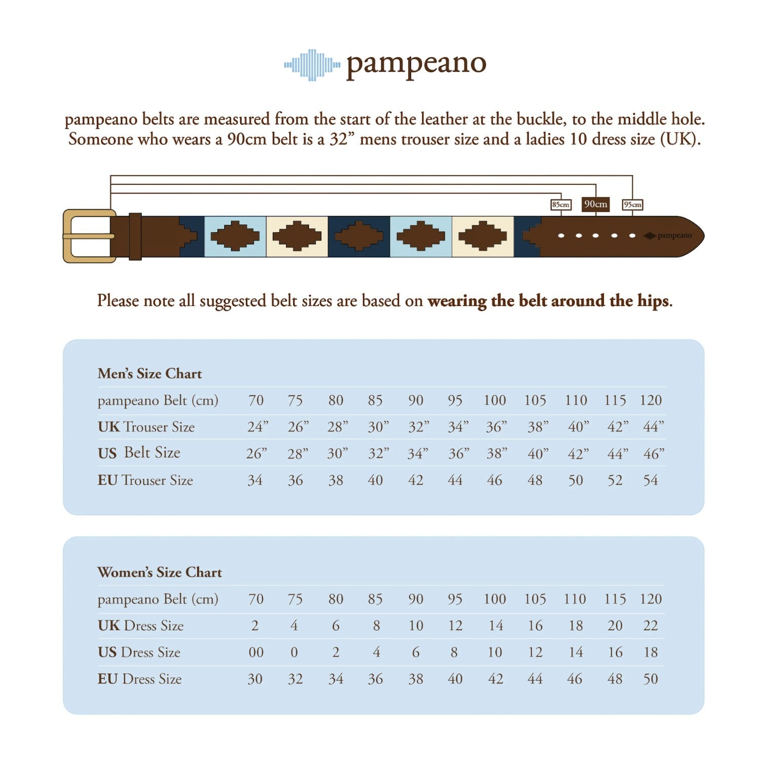 Pampeano belt size chart with measurements and conversion details.