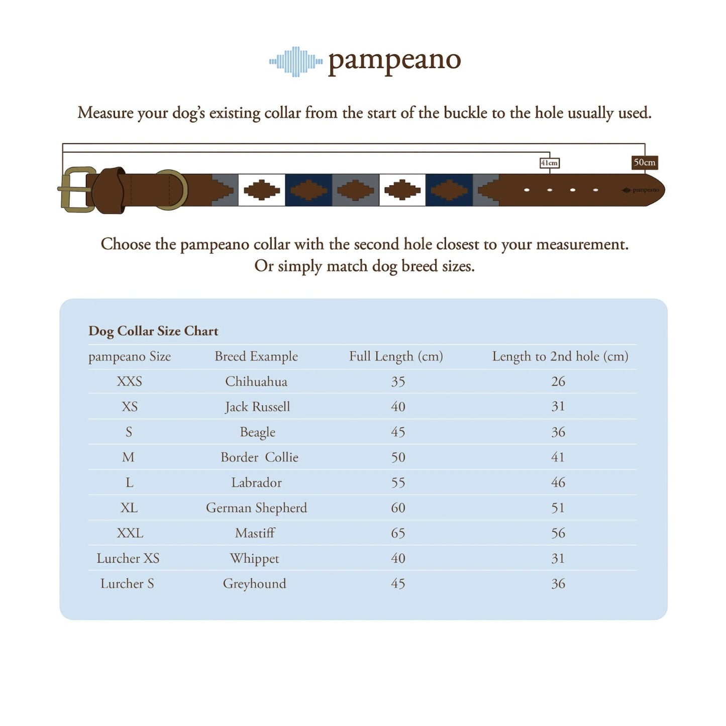 Pampeano dog collar measurement guide with size chart on a white background