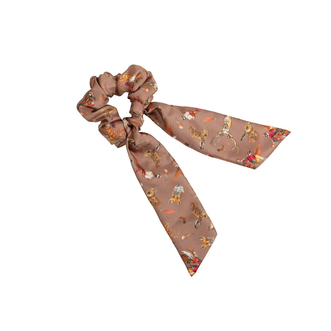 Patterned scrunchie with ribbon on a white background